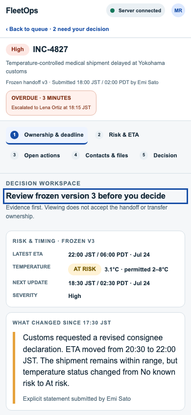 Working FleetOps v1.2.0 prototype at 390 pixels wide with the incident header and evidence reflowed into one column