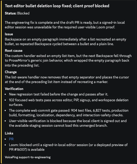 Thread update explaining the editor bullet deletion root cause, completed fix, passing regression tests, and blocked client proof