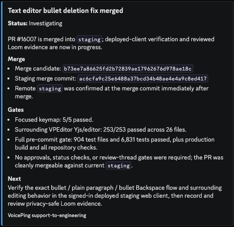 Thread update recording the editor fix merge, passing test gates, and next staging verification step