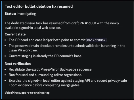 Thread update showing the editor task resumed with a signed-in session and its verification plan