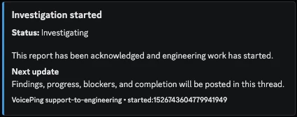 Thread receipt acknowledging the text editor report and starting the engineering investigation
