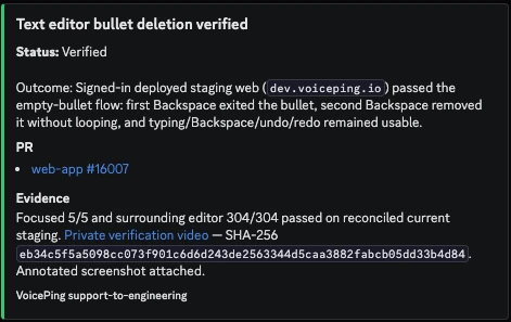 Final thread receipt verifying the text editor bullet deletion flow on signed-in deployed staging