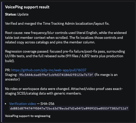 Final thread receipt recording the merged Time Tracking Admin localization and layout fix, test coverage, and staging evidence