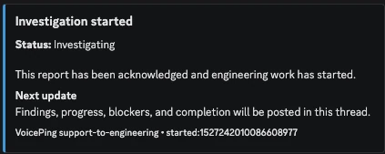 Thread receipt acknowledging the Time Tracking Admin report and starting the engineering investigation