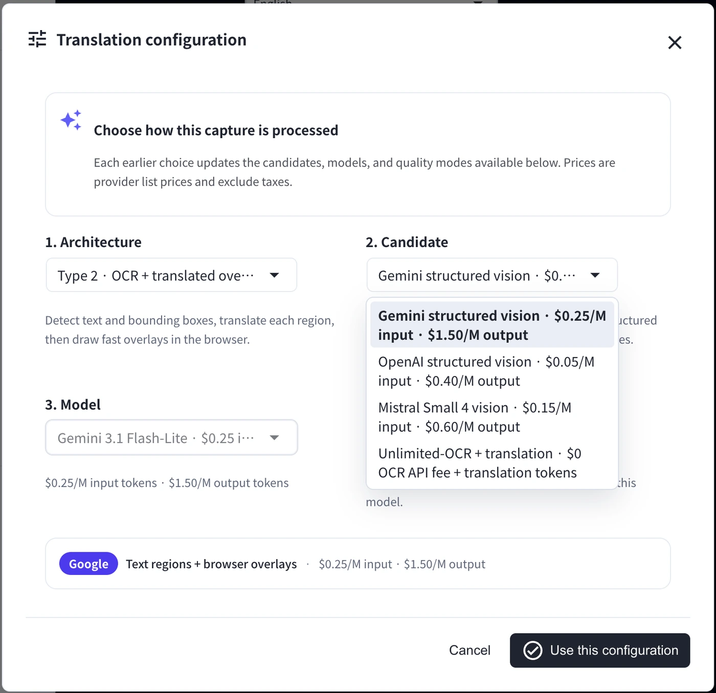 Full-width configuration dialog for OCR with translated browser overlays