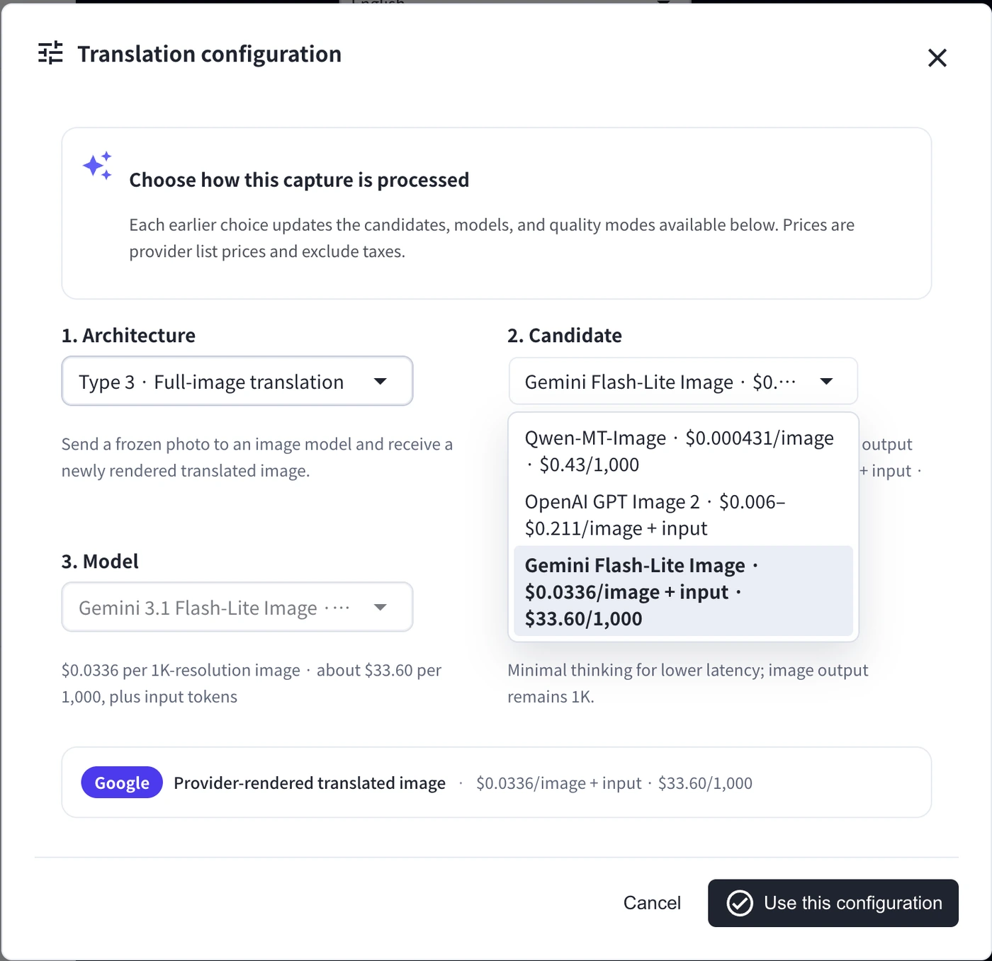 Full-width configuration dialog for a provider-rendered translated image