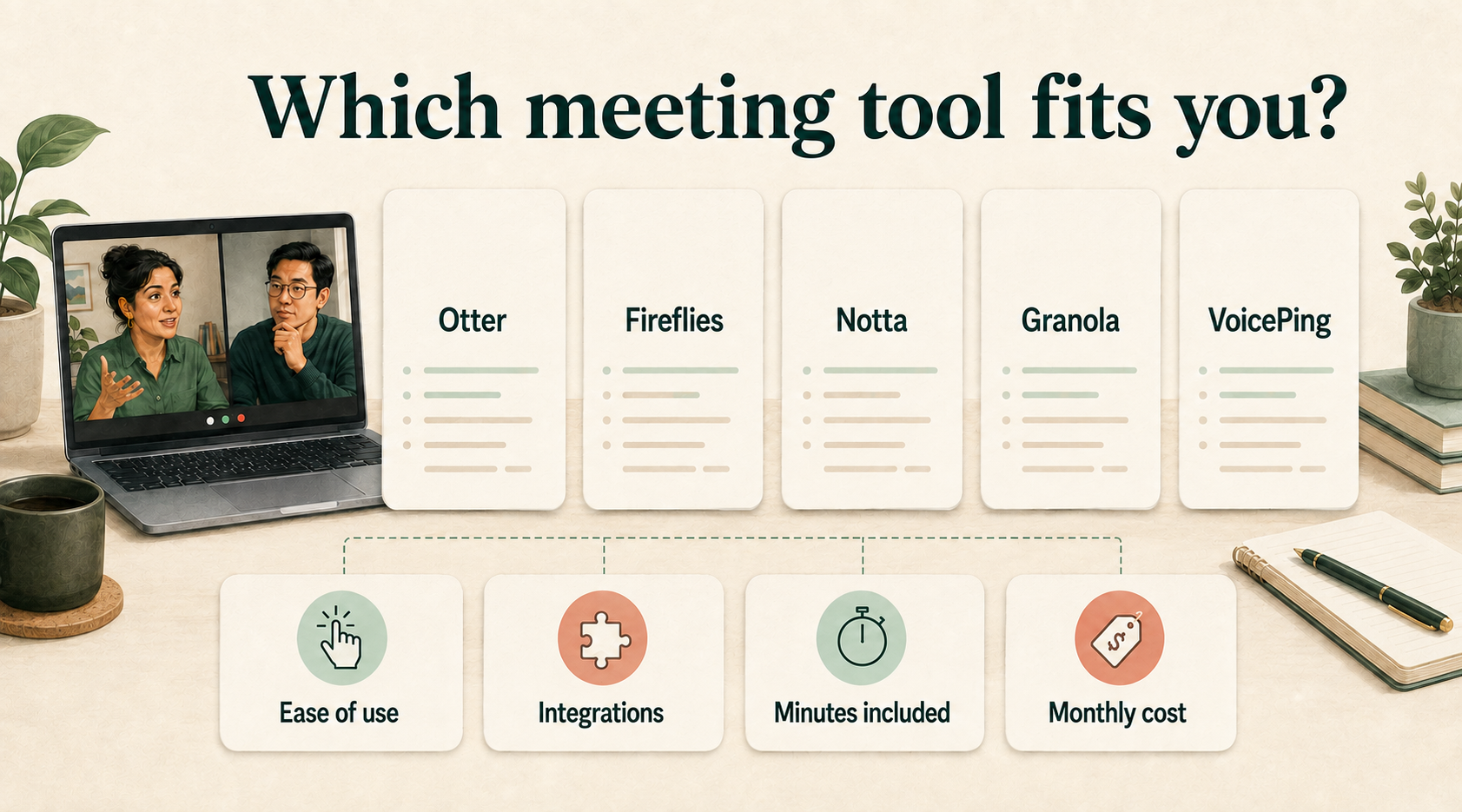 Otter, Fireflies, Notta, Granola and VoicePing compared through ease of use, integrations, included minutes and monthly cost.