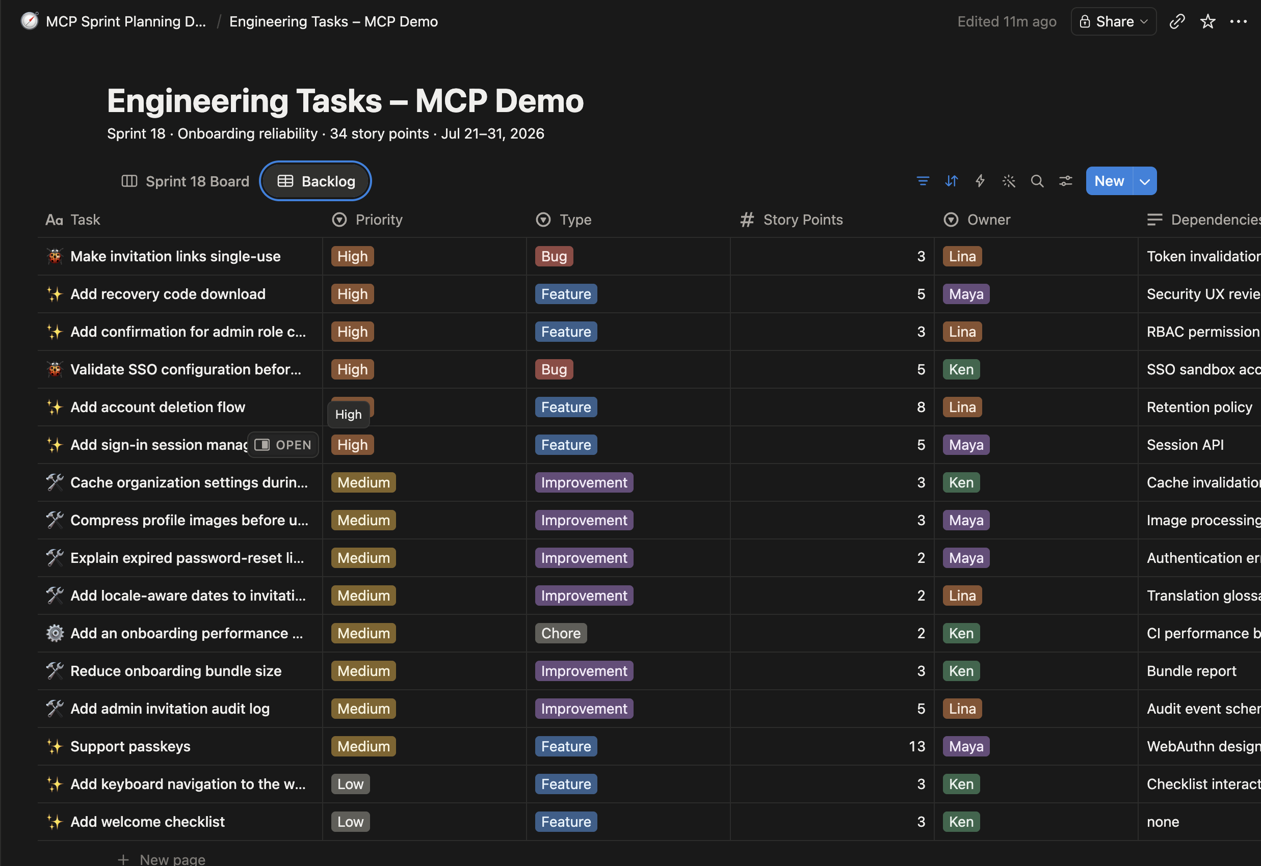 Existing Notion backlog table with task priority, type, story points, owner, and dependencies