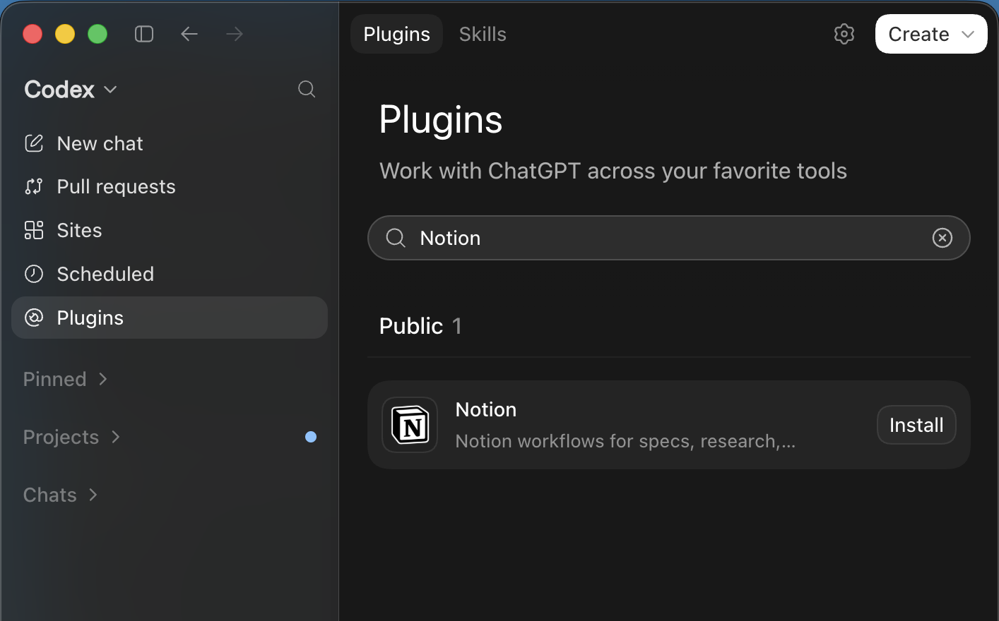 Codex Plugins Directory search showing the Notion plugin and Install button