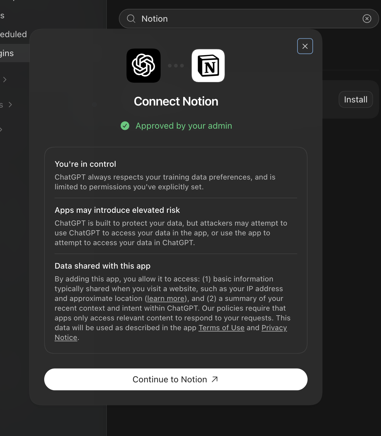 Codex Notion connection notice explaining control, risk, and data sharing