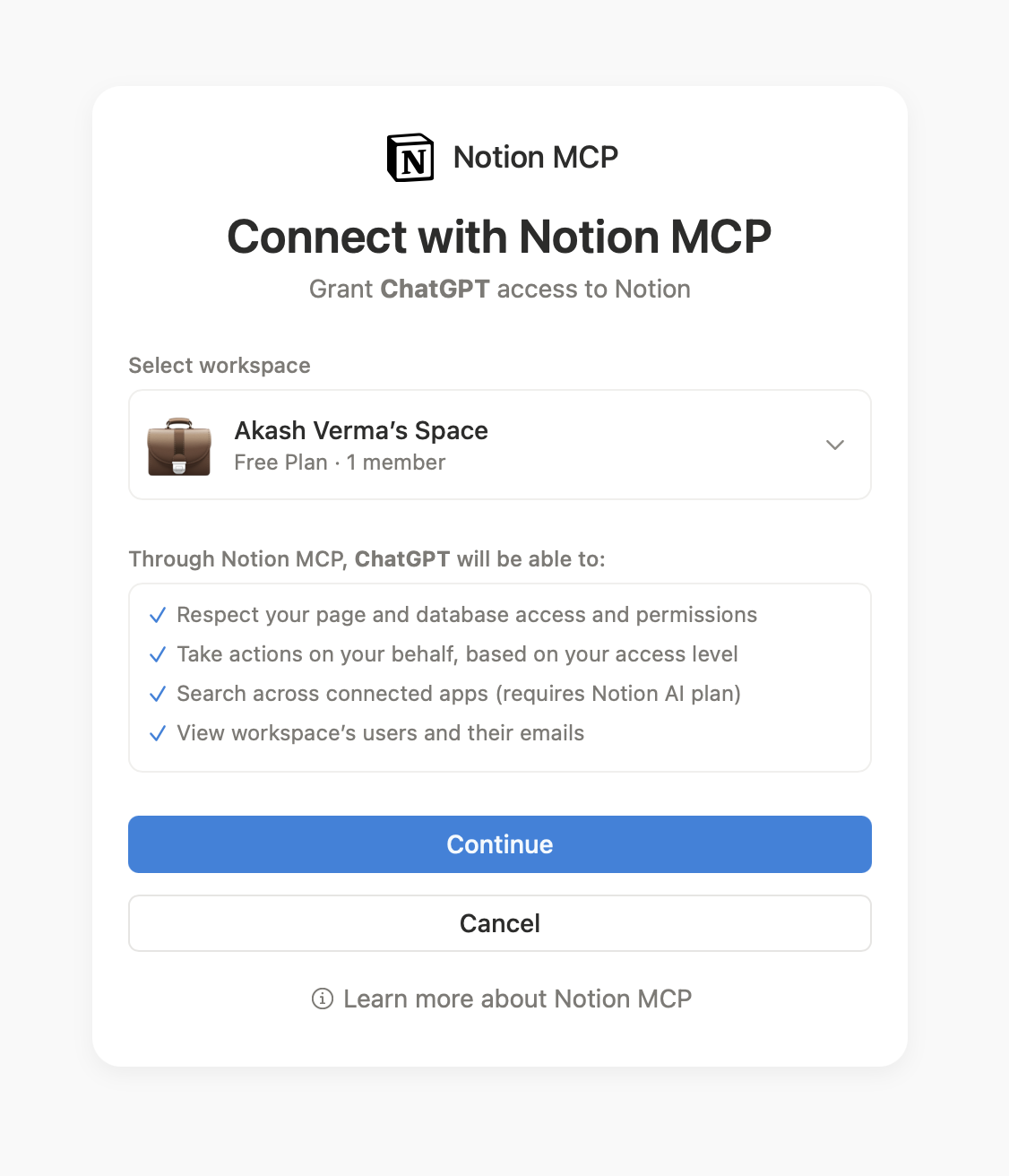 Notion MCP authorization screen with workspace selection and permission summary