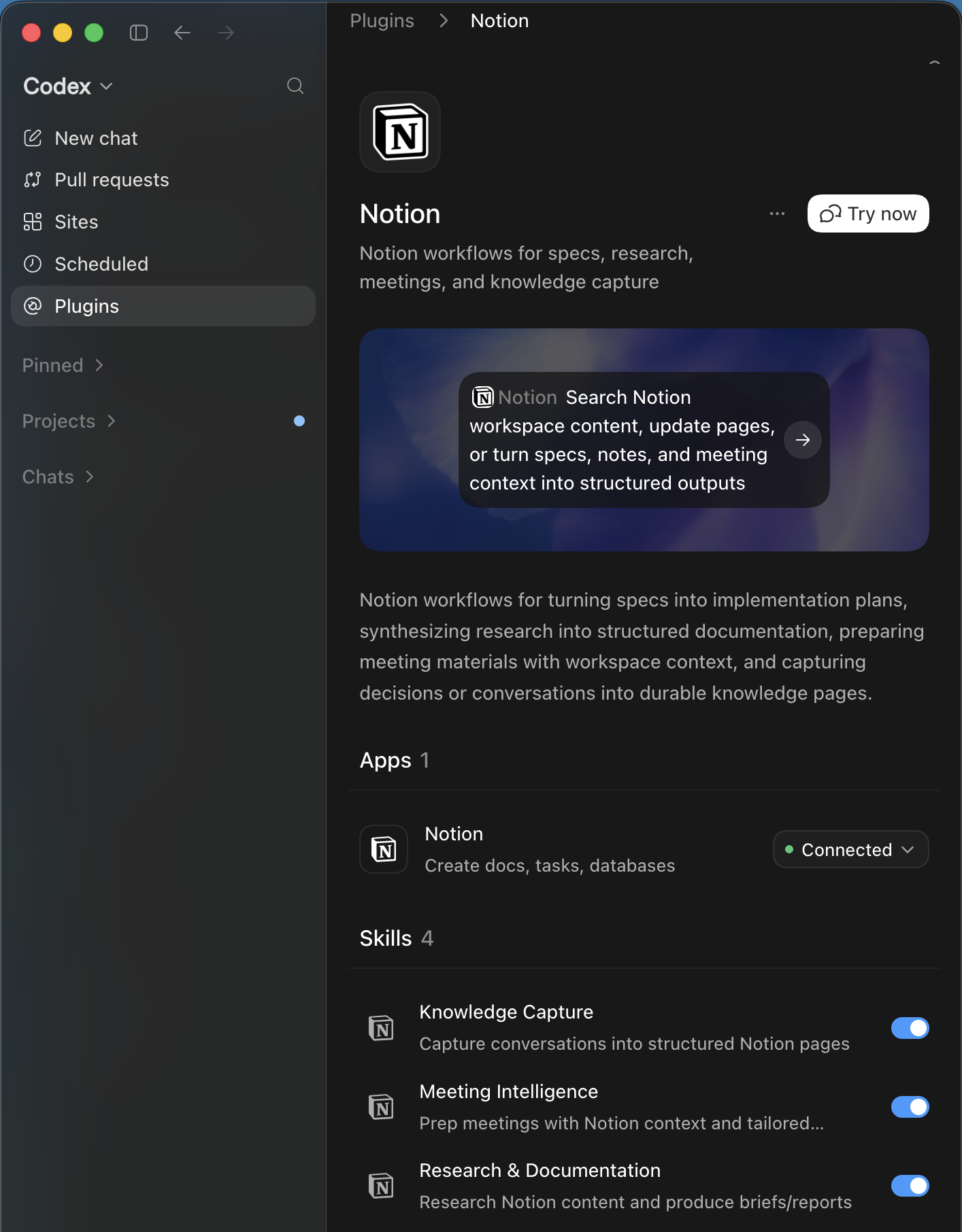 Notion plugin page in Codex showing a green Connected status
