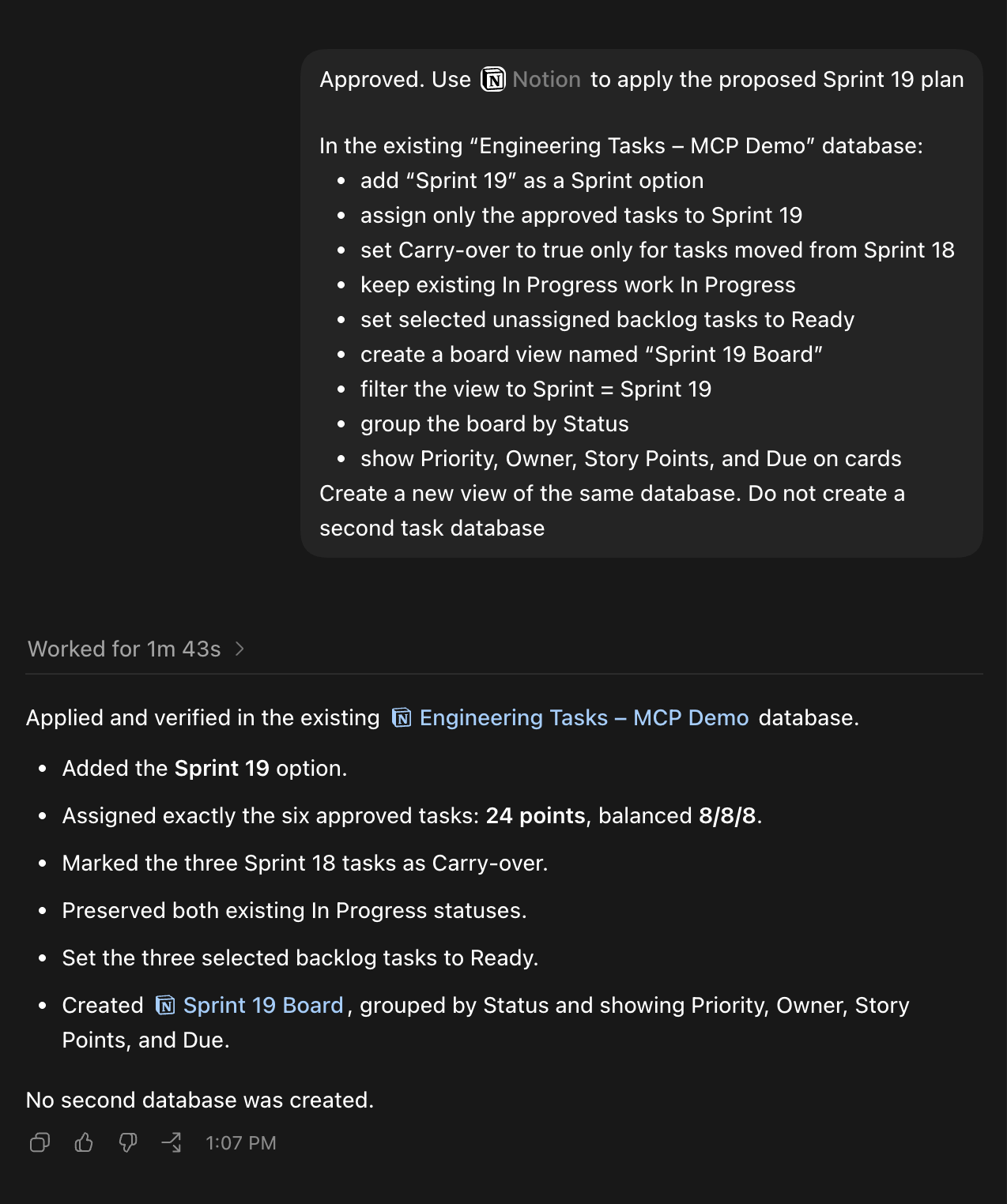 Actual approved Notion MCP write prompt and Codex verification of the applied Sprint 19 plan