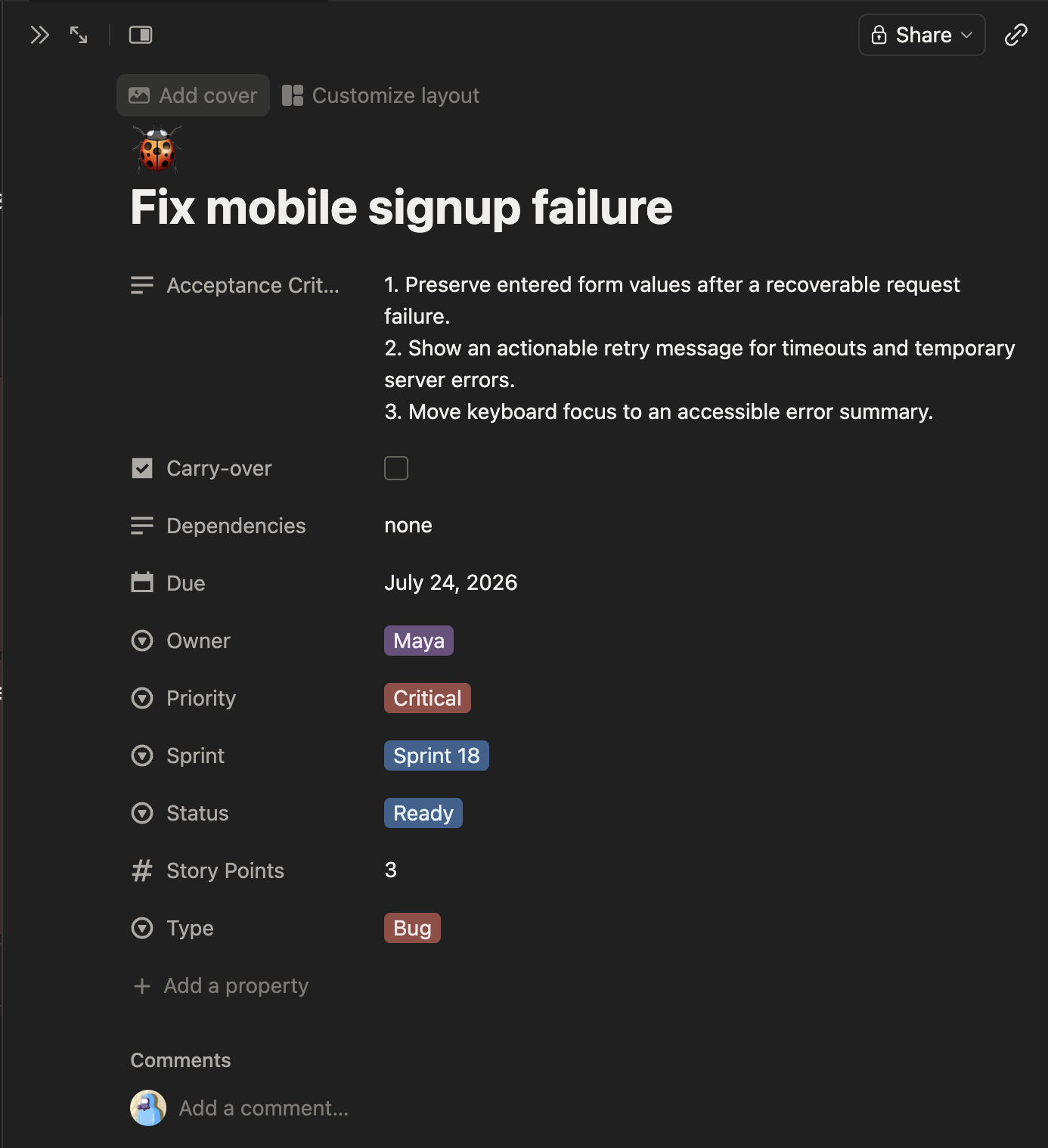 Notion task after the MCP update with Critical priority, Ready status, and three acceptance criteria