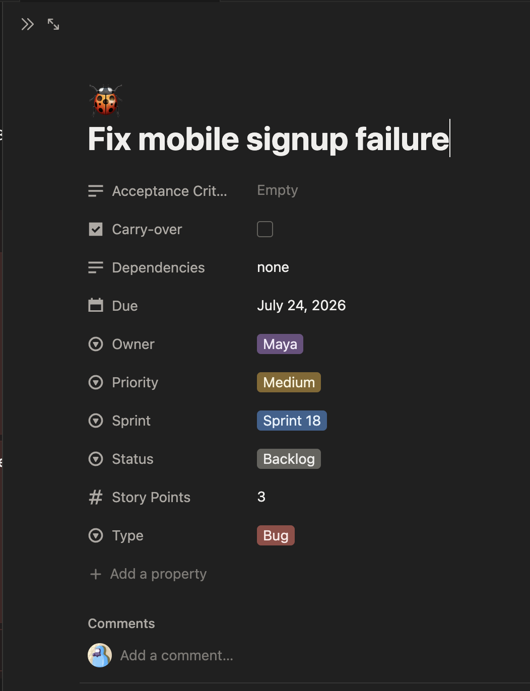 Notion task before the MCP update with Medium priority, Backlog status, and empty acceptance criteria