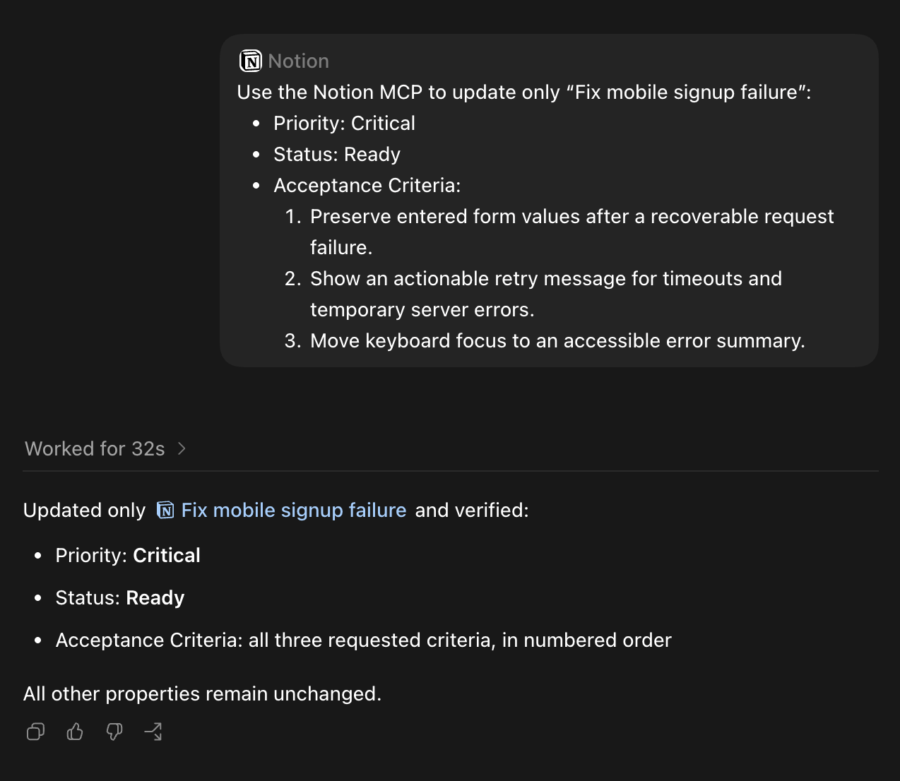 Actual Codex Notion task update prompt and verified response