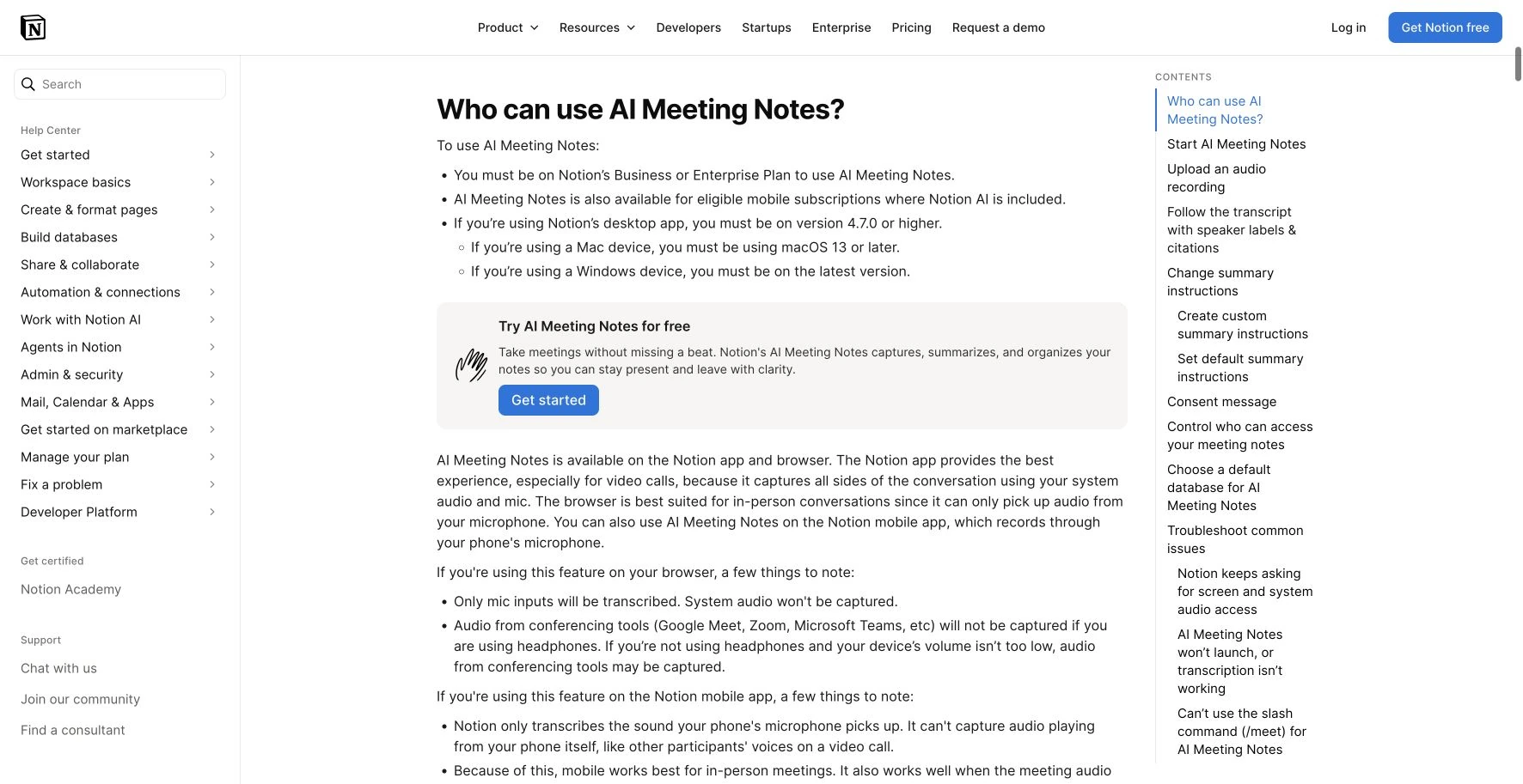 Notion Meeting Notes eligibility and capture: public reference page