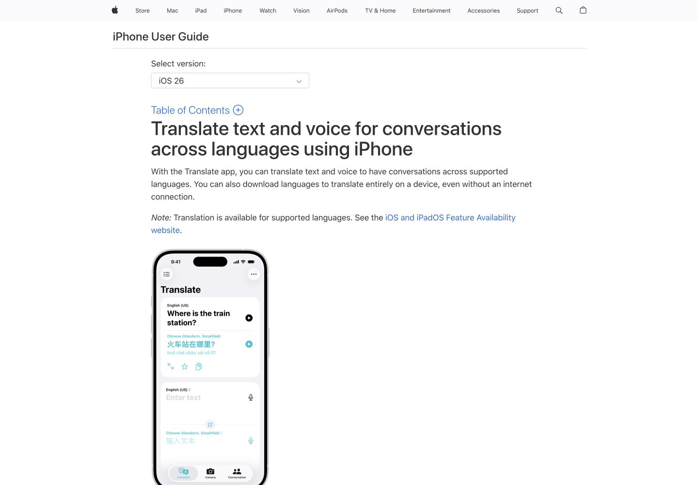 Apple Translate Conversation: public reference page