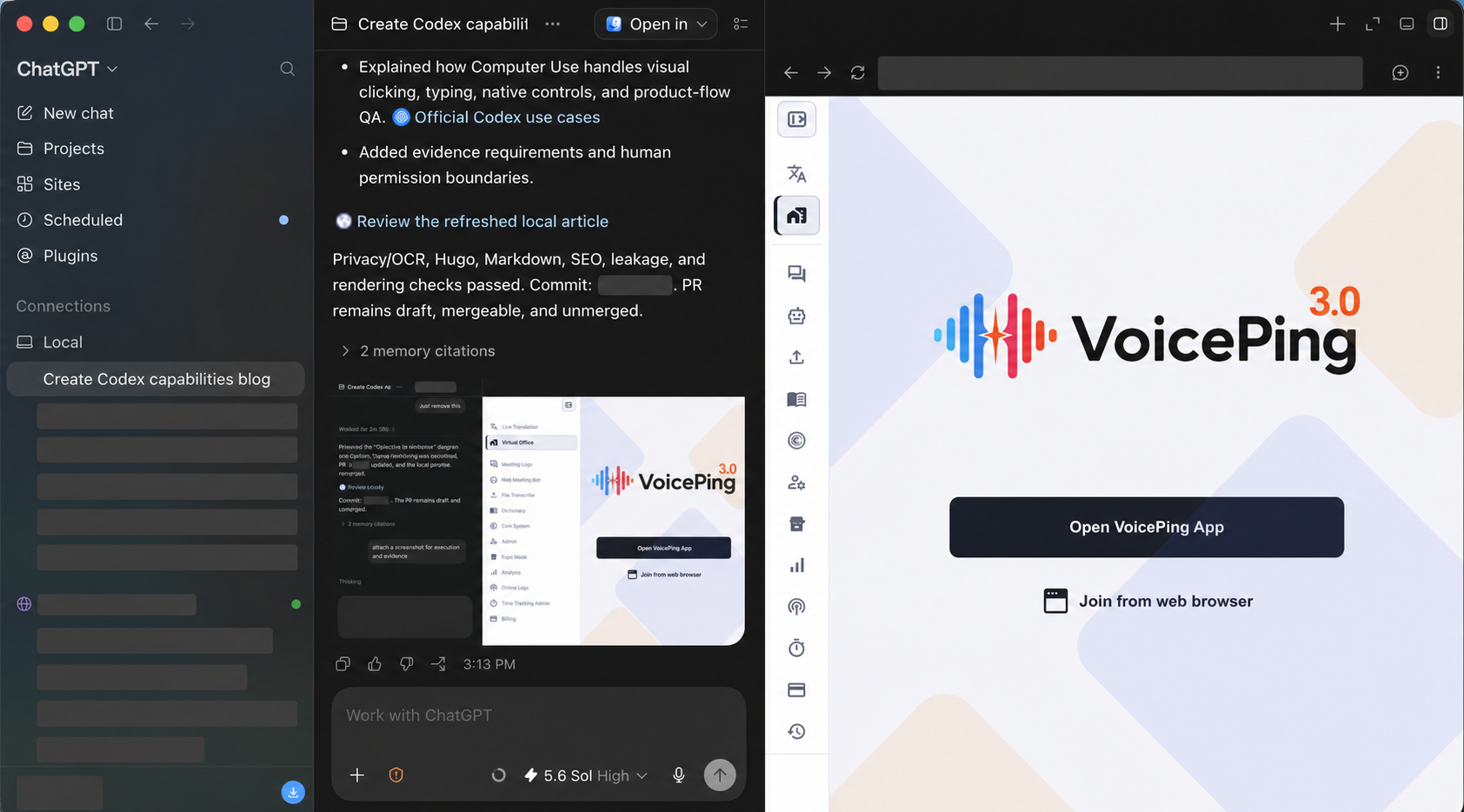 Public-safe full-workspace capture showing Codex understanding a VoicePing page beside the task in the built-in browser