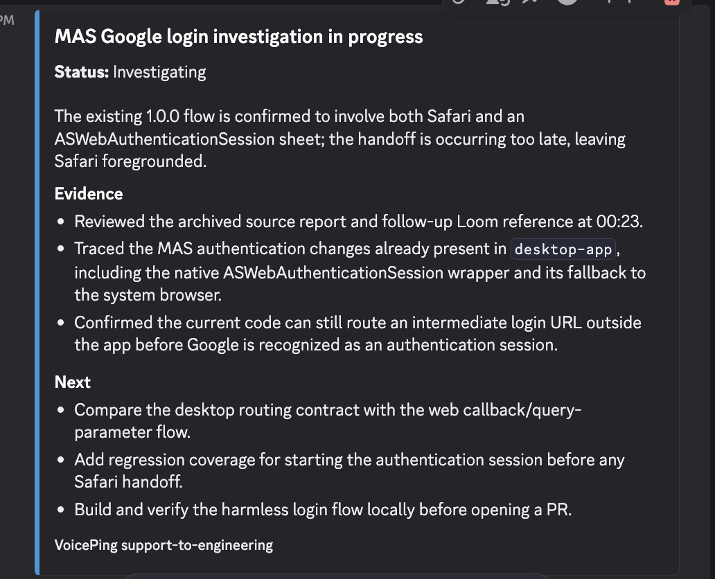 Discord execution update listing the evidence reviewed and the next bounded engineering steps