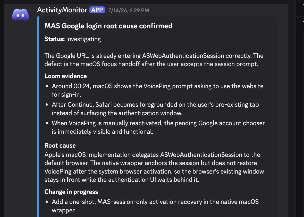 Discord investigation update connecting observed Loom behavior to the confirmed macOS focus-handoff cause