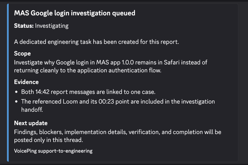 Discord status message defining the investigation scope, linked evidence, and next update