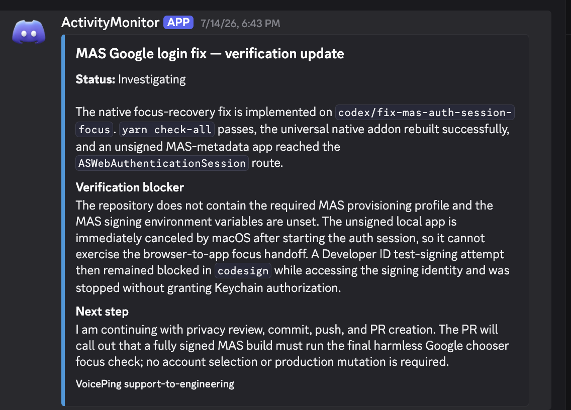 Discord verification update listing passed checks, the signing blocker, and the next controlled action