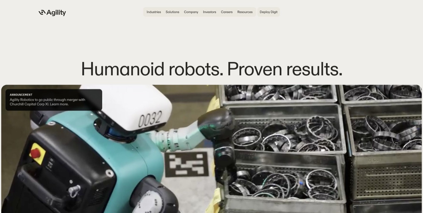 Agility website featuring the Digit humanoid robot