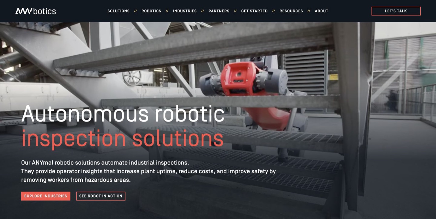 ANYbotics website showing the ANYmal inspection robot