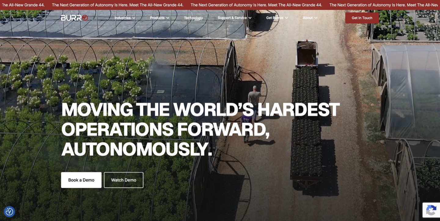 Burro website showing an autonomous agricultural carrier