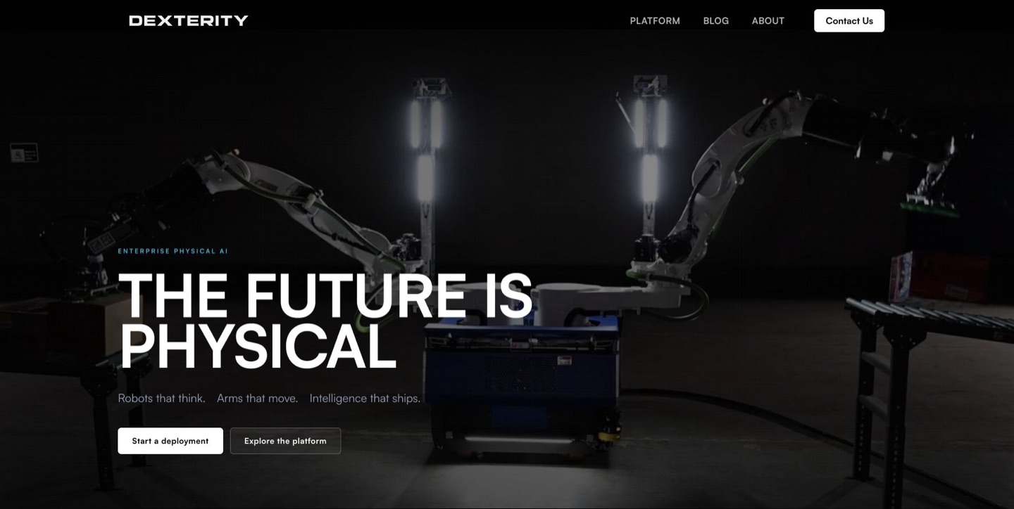 Dexterity website presenting its physical AI robotics platform