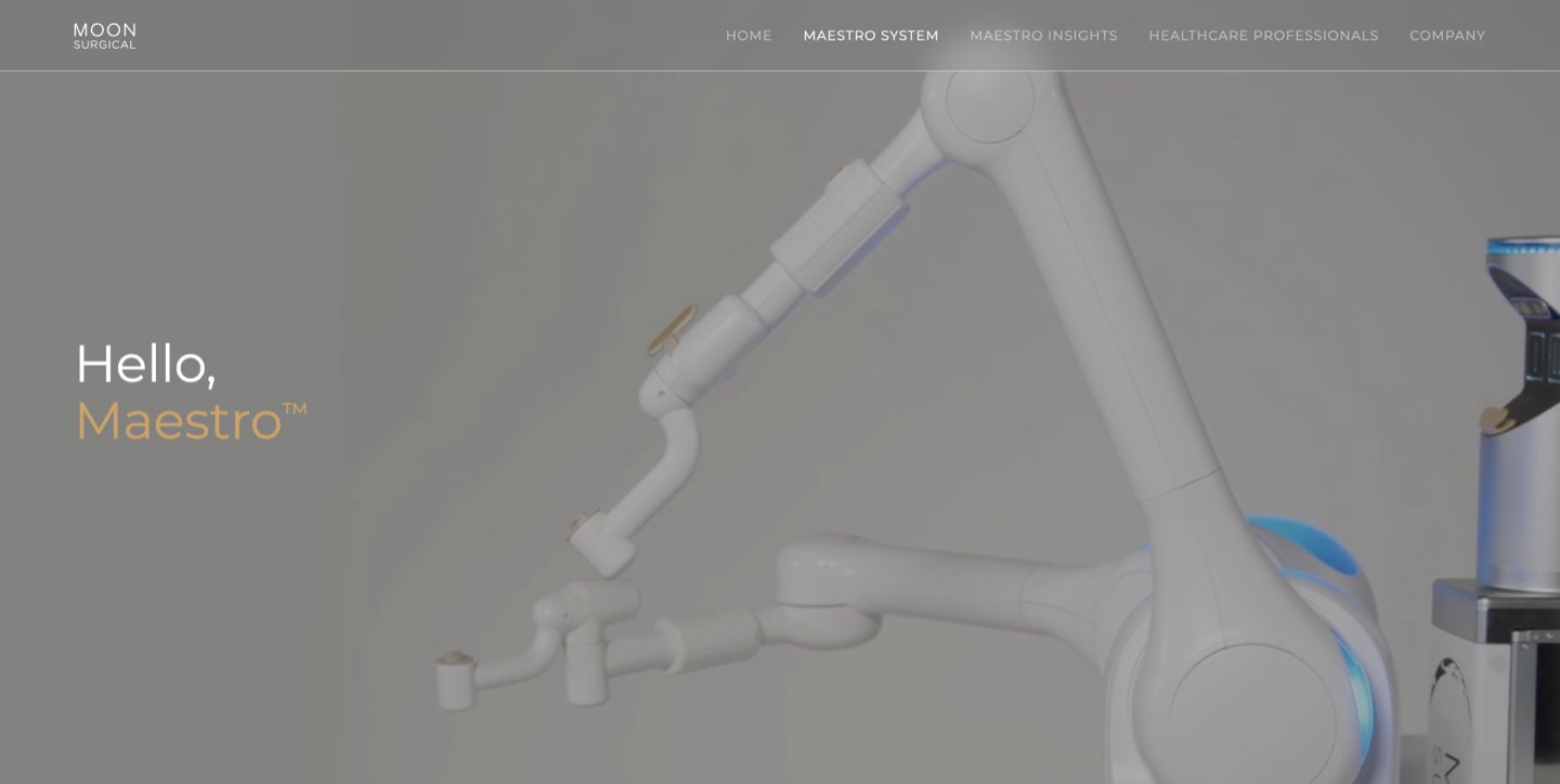 Moon Surgical Maestro product website showing its surgical assistance system