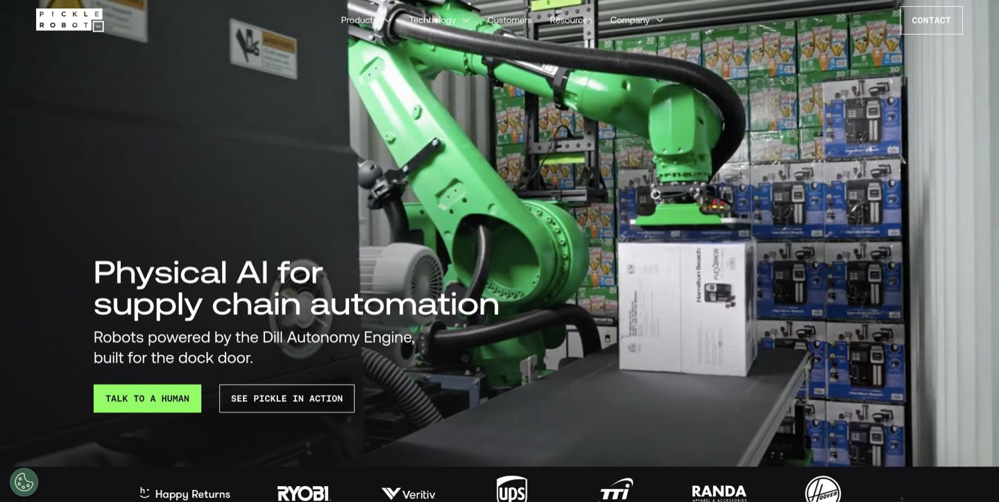 Pickle Robot website showing its truck-unloading robot