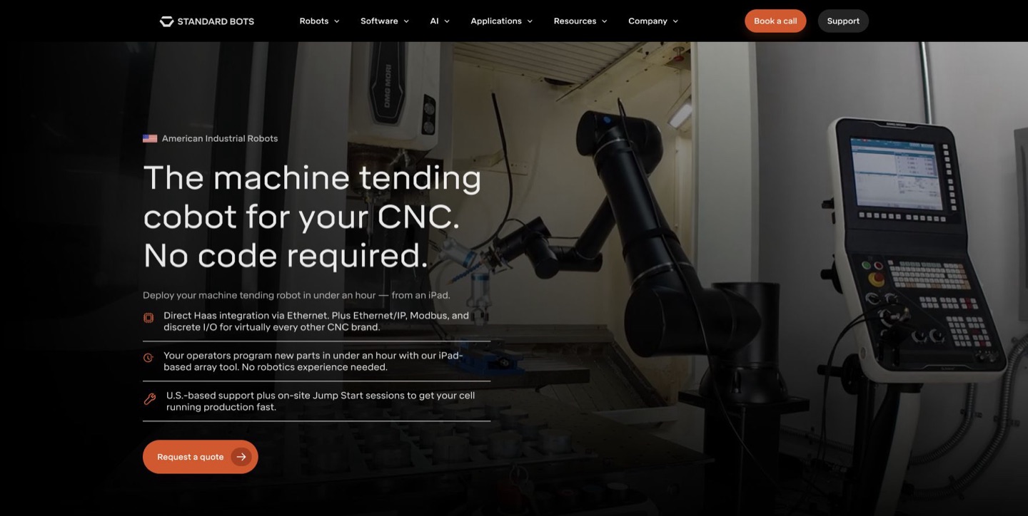 Standard Bots machine-tending page showing a robot arm beside a CNC machine