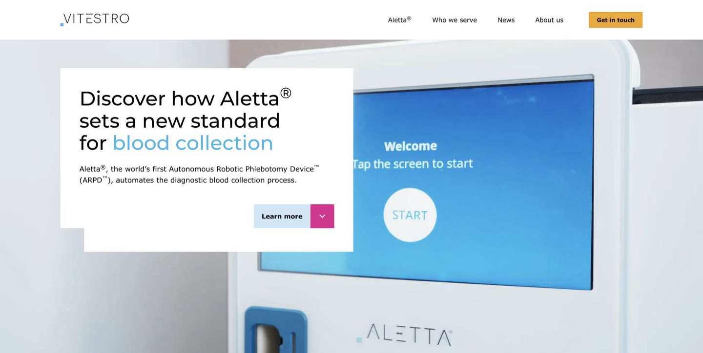 Vitestro website displaying the Aletta robotic blood-draw device