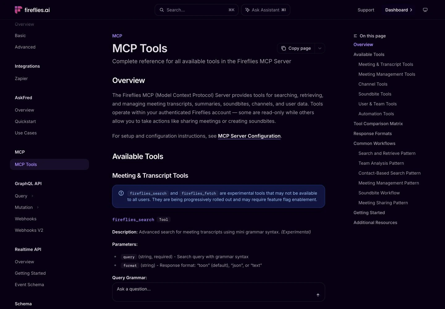 Fireflies MCP tools: public reference page
