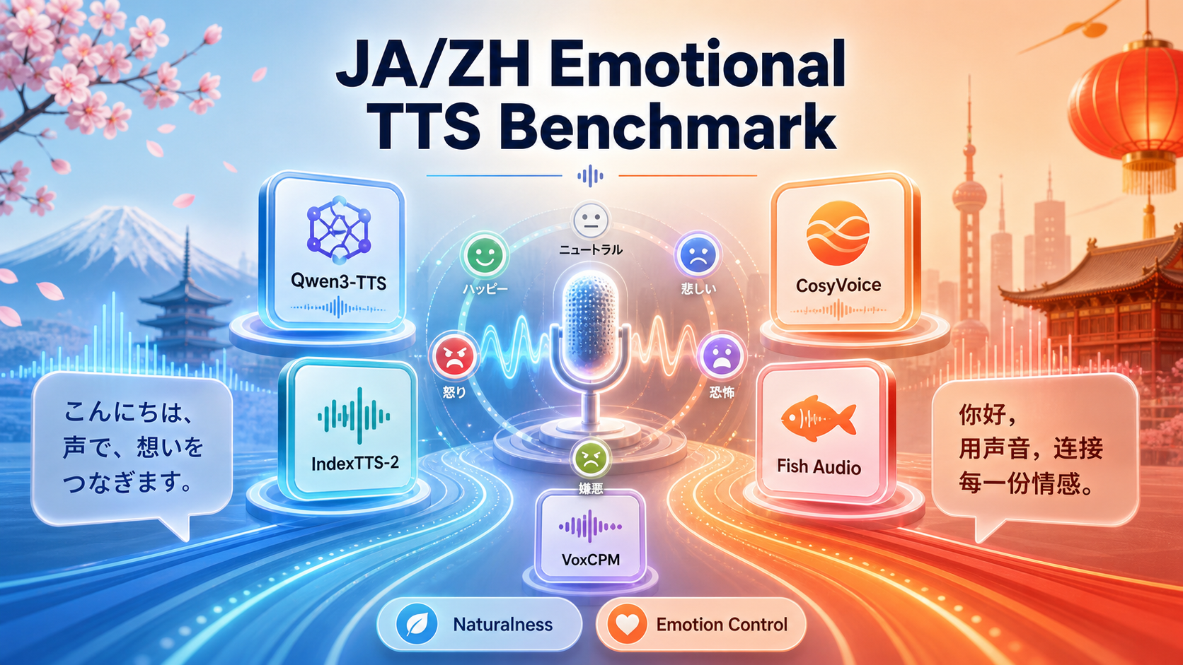 Emotional TTS Benchmark: Qwen3-TTS, CosyVoice, IndexTTS-2, Fish Audio, and VoxCPM for Japanese and Chinese