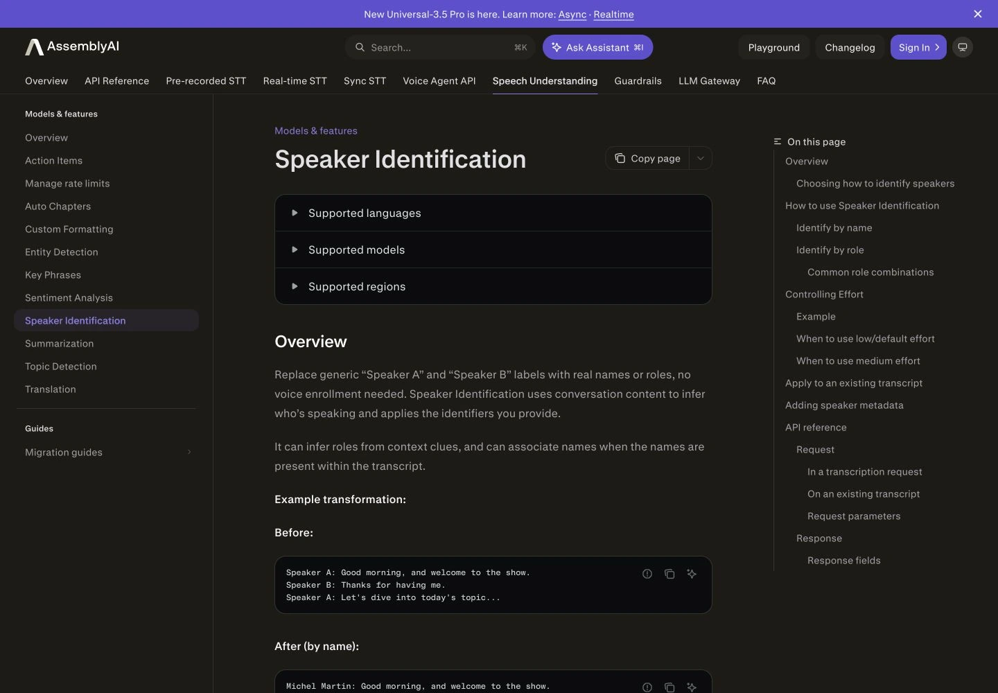 AssemblyAI content-based speaker identification: public reference page