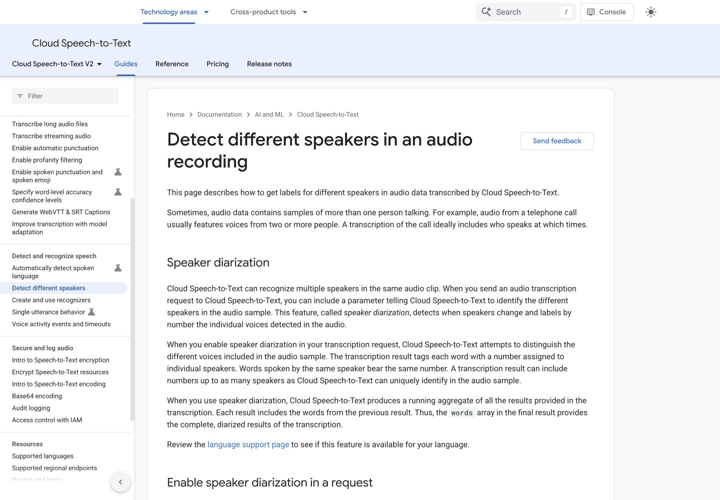 Google numbered-speaker diarization: public reference page