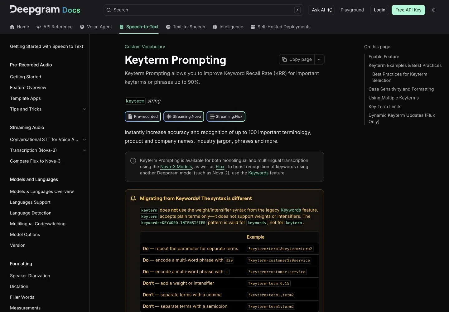 Deepgram Keyterm Prompting: public reference page