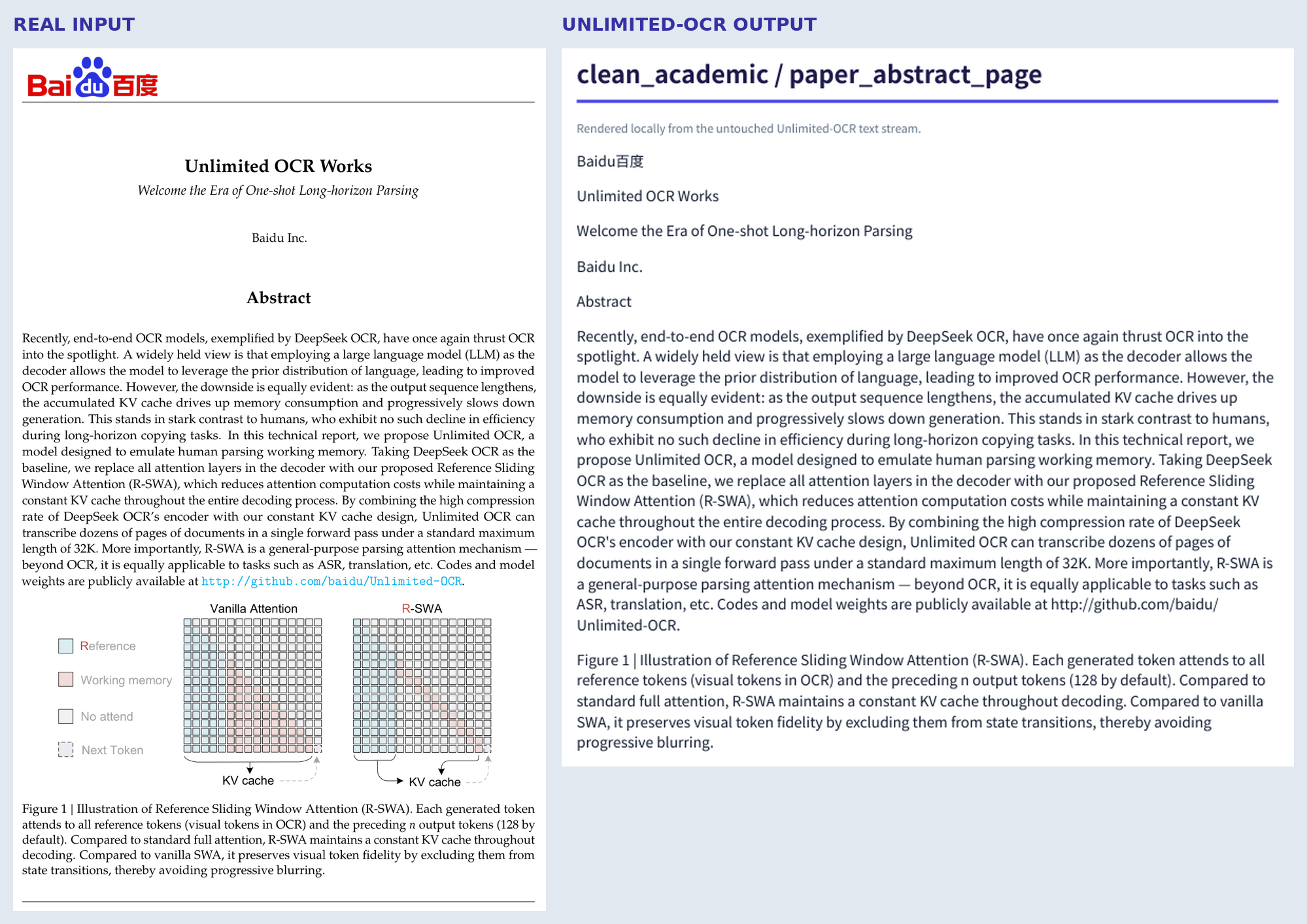 Side-by-side comparison of the first Unlimited-OCR paper page and the locally rendered OCR output