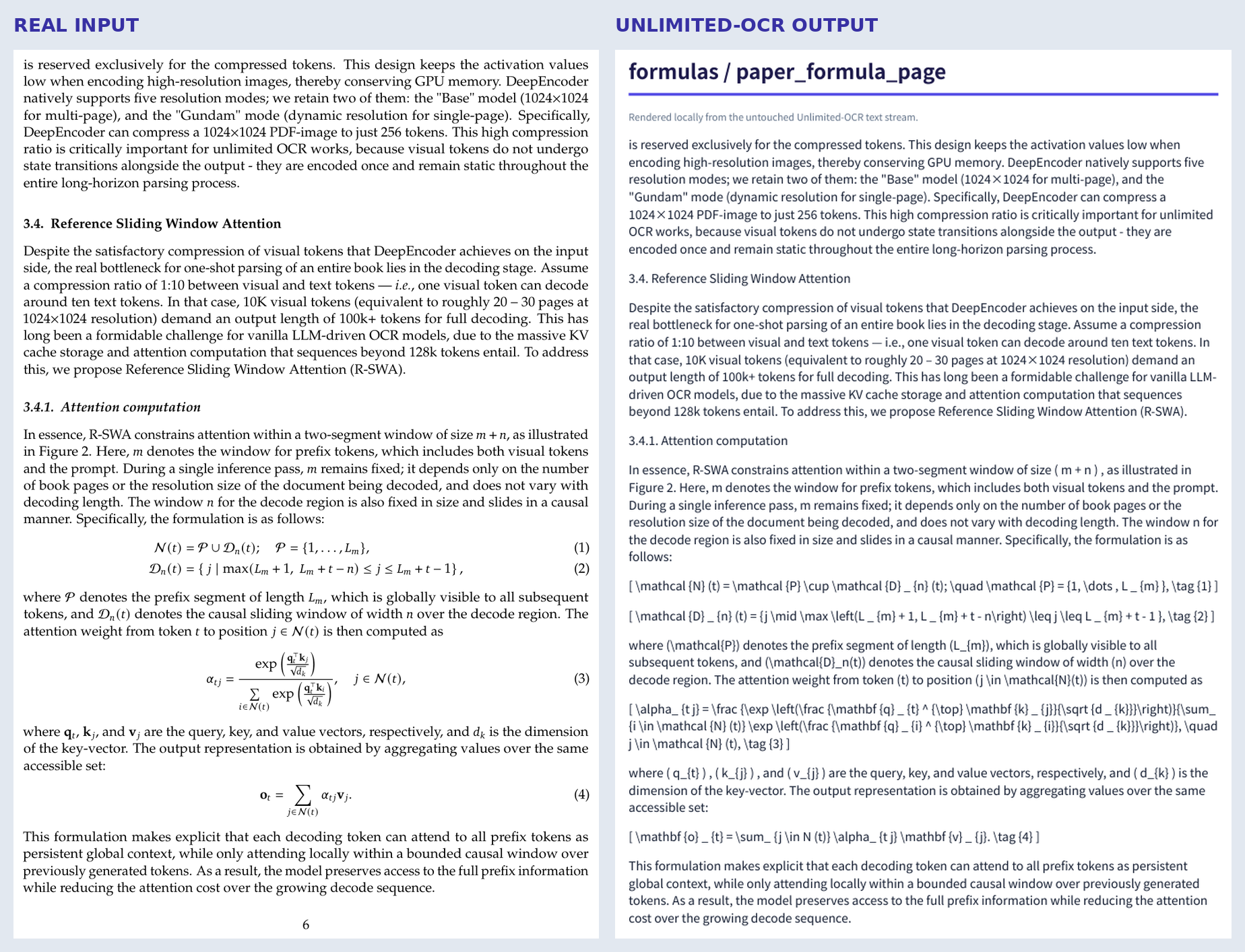 Side-by-side comparison of an academic formula page and Unlimited-OCR output containing LaTeX-like equations