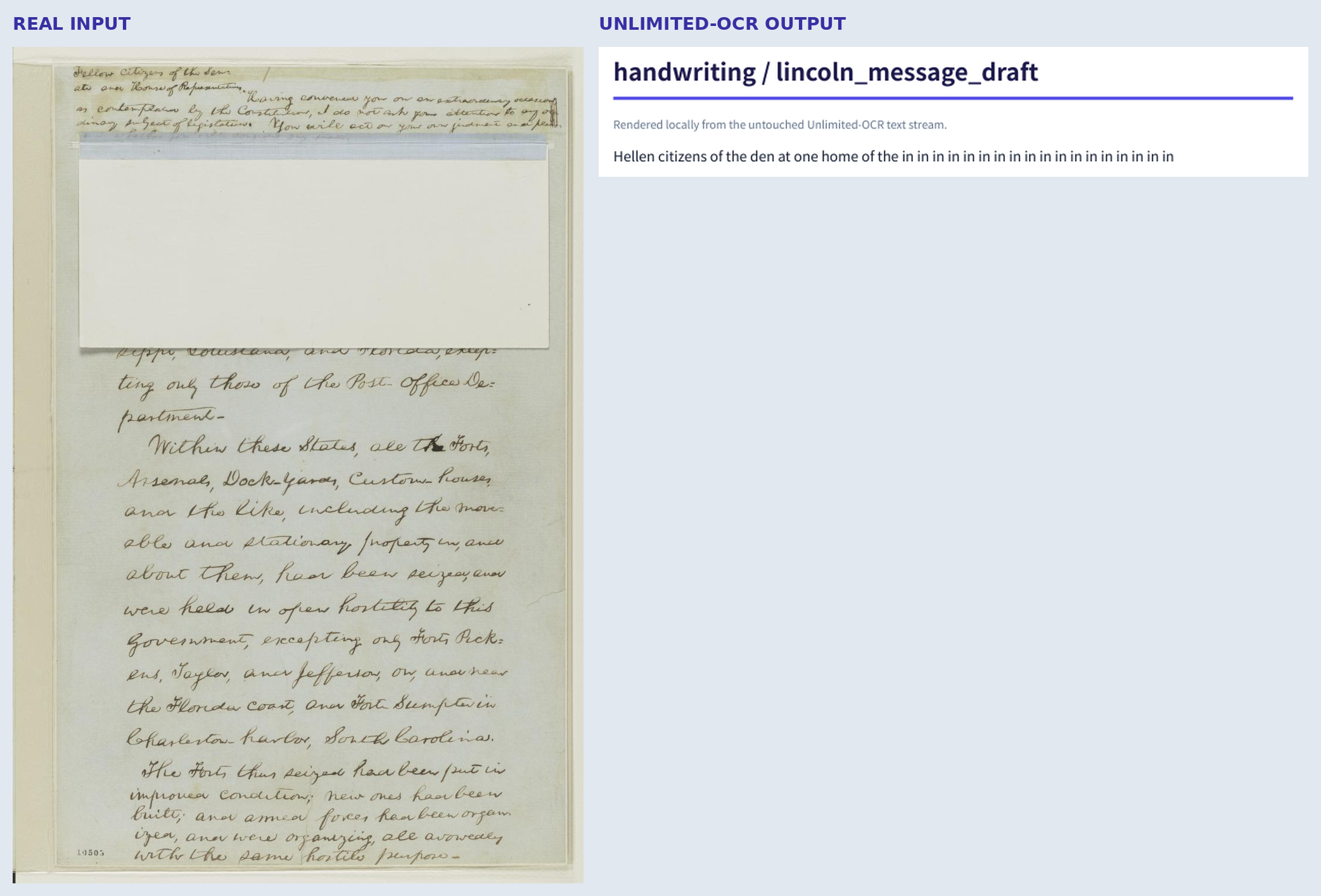 Side-by-side comparison of Abraham Lincoln's handwritten draft and a nearly empty Unlimited-OCR output with repeated words