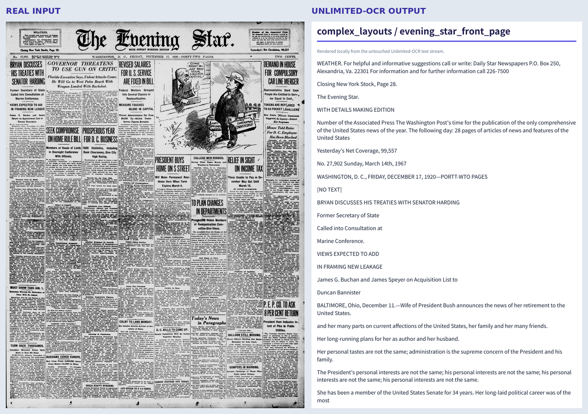 Side-by-side comparison of a dense 1920 newspaper front page and Unlimited-OCR output that begins correctly before drifting