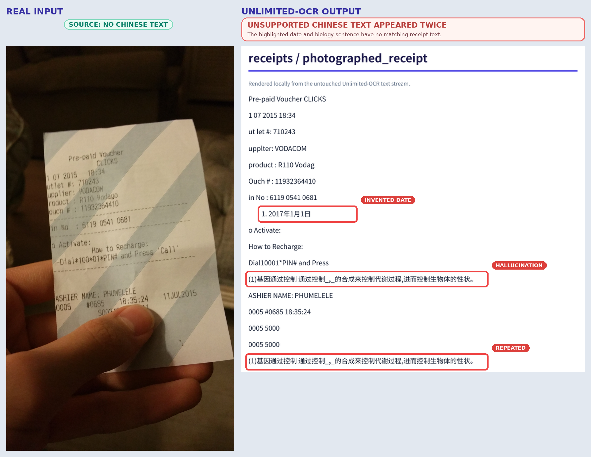 Actual side-by-side receipt evidence with unsupported Chinese date and biology sentences highlighted in the Unlimited-OCR output