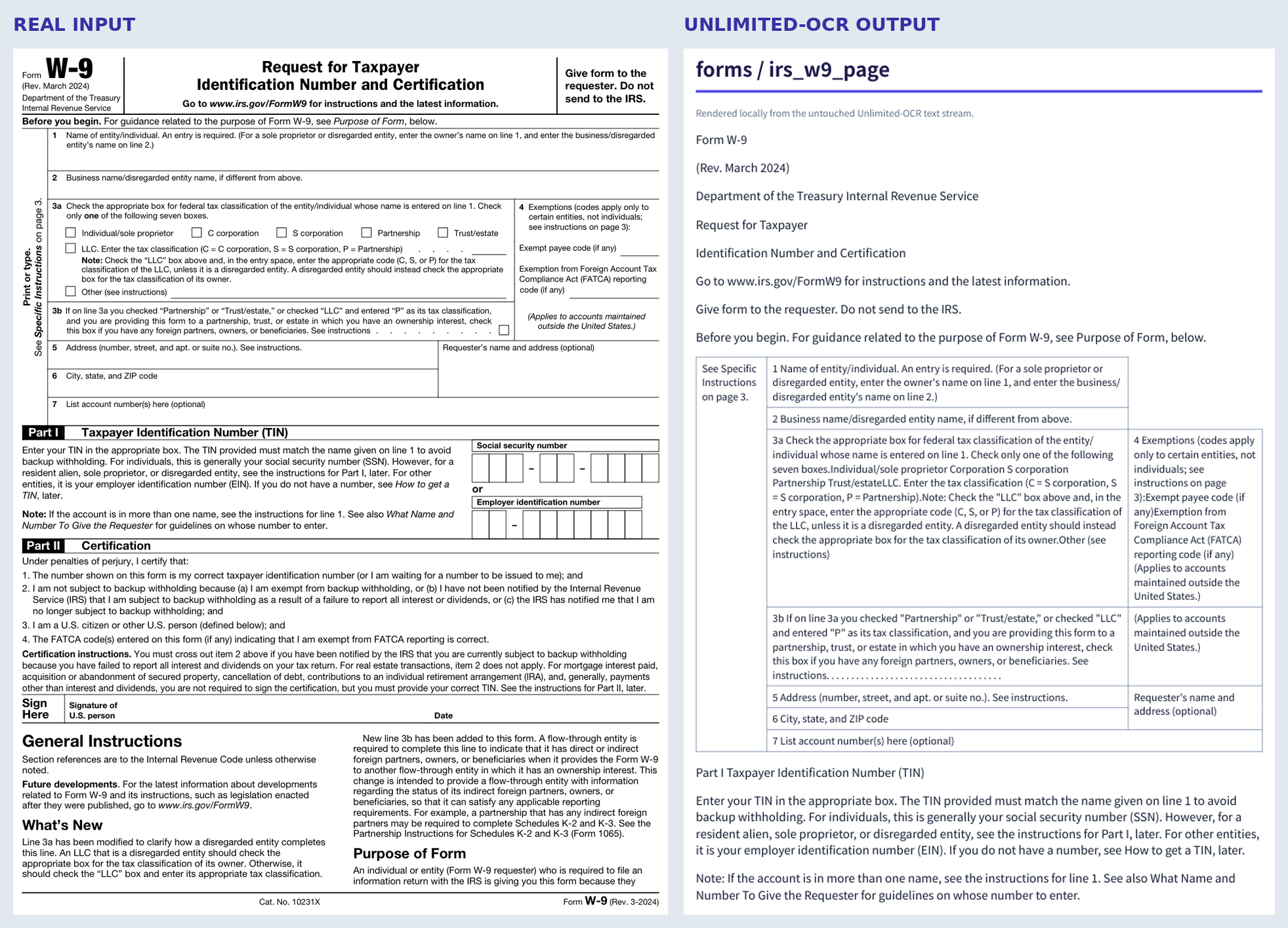Side-by-side comparison of an IRS W-9 page and Unlimited-OCR output with reconstructed table structure