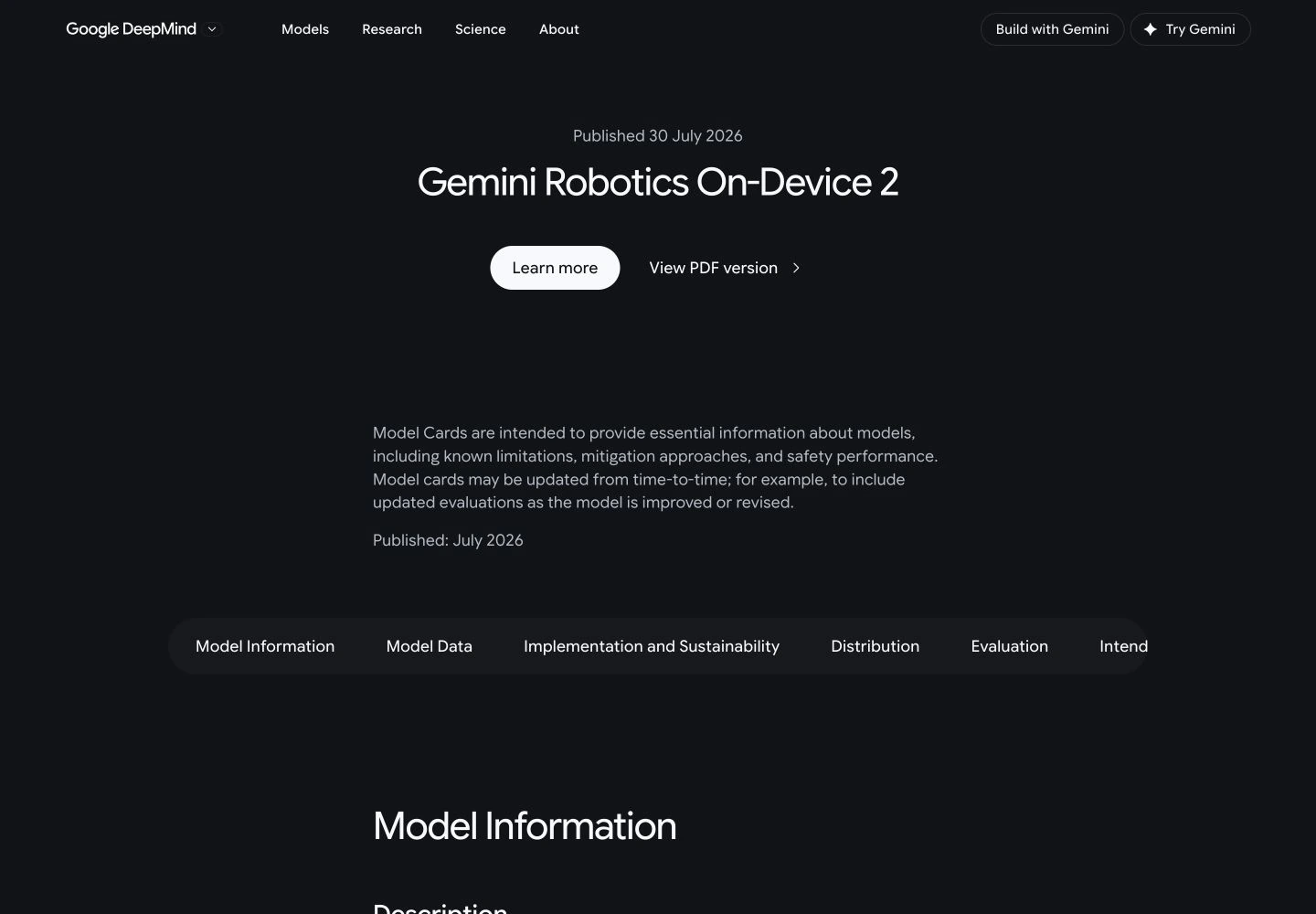 Gemini Robotics On-Device 2 model card: public reference page