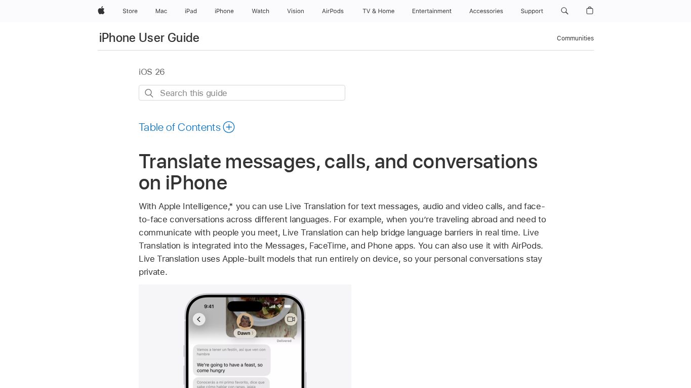Apple iPhone Live Translation support page