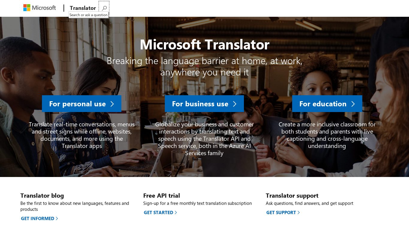 Microsoft Translator official page