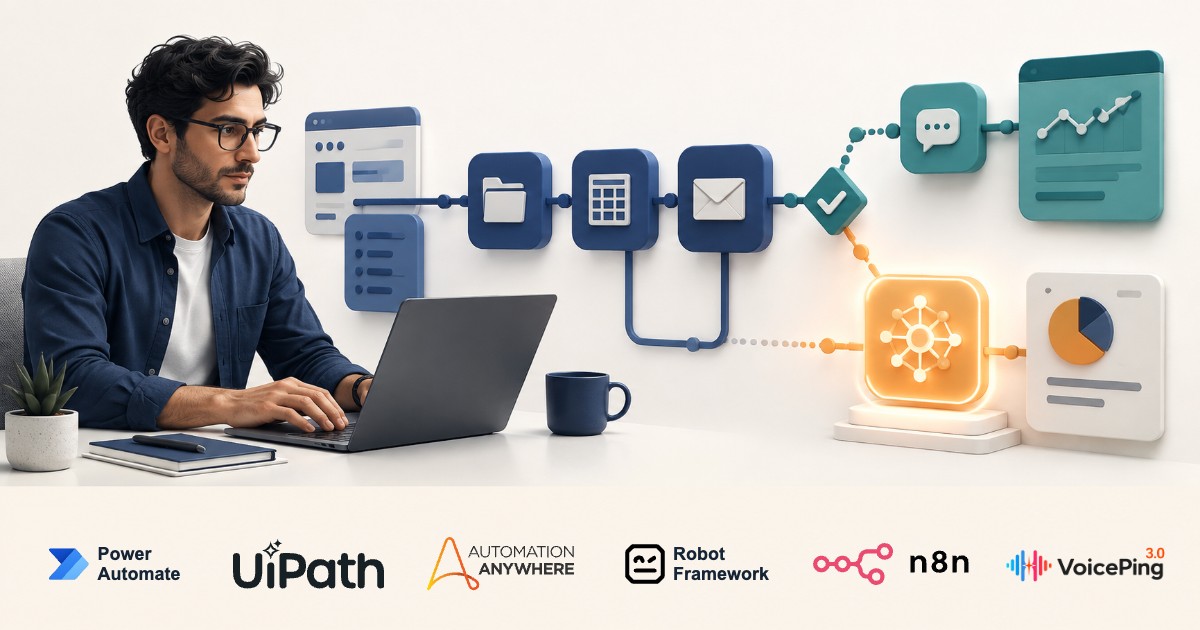 Conceptual illustration of an RPA developer connecting software workflows to an AI branch, branded with VoicePing alongside Power Automate, UiPath, Automation Anywhere, Robot Framework, and n8n.